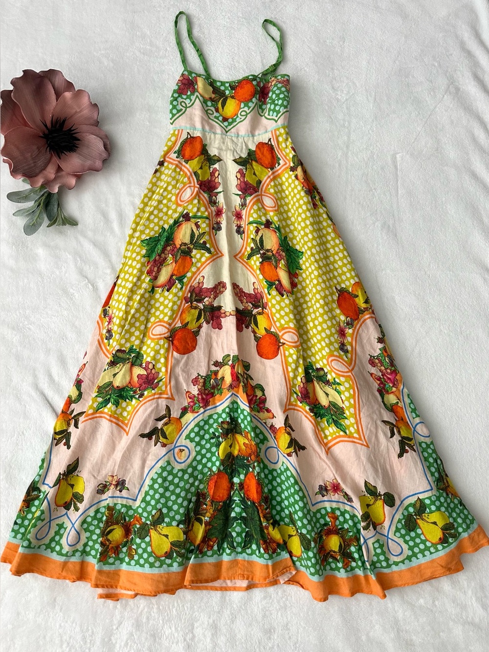 ALEMAIS Lemonis Midi Sundress Linen Floral Citrus Print Summer maxi Dress XS